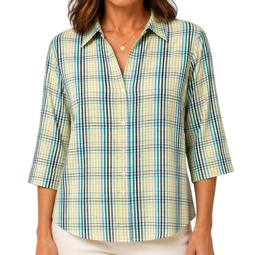 ALIA Sport Sz 12 Green Plaid Summer Spring Tropical Blouse Shirt Top Mature